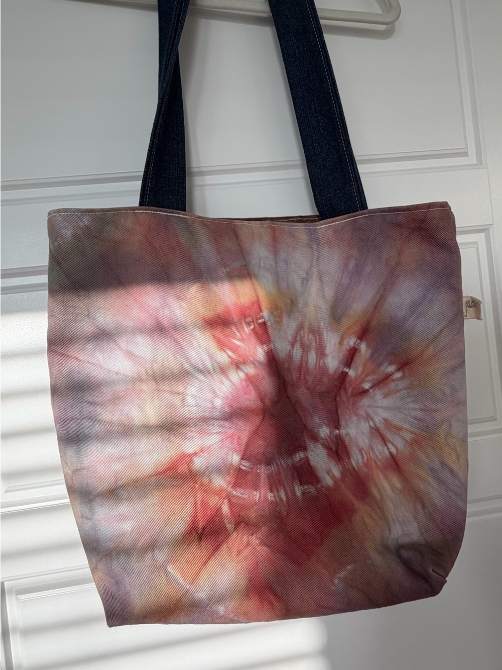 Tie-Dye Canvas Tote Bag in Multi-Color with Dark Denim Handles
